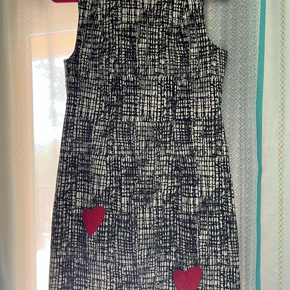Desigual Black and White Midi Dress with Red Heart Details